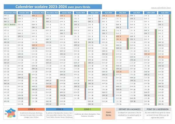 Calendrier scolaire 2023-2024 avec jours fériés à imprimer