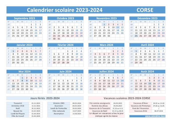 Calendrier avec vacances scolaires 2020-2021 Corse