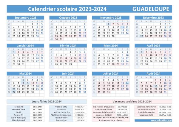 Calendrier des vacances scolaires 2023-2024 pour la Guadeloupe