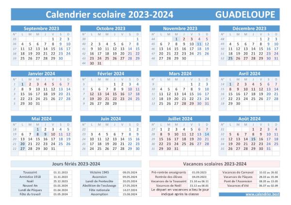 Garder à portée de main les dates des périodes de congés scolaires 2023-2024 de l'académie de Guadeloupe en imprimant notre calendrier. Calendrier des vacances scolaires 2023-2024 pour la Guadeloupe