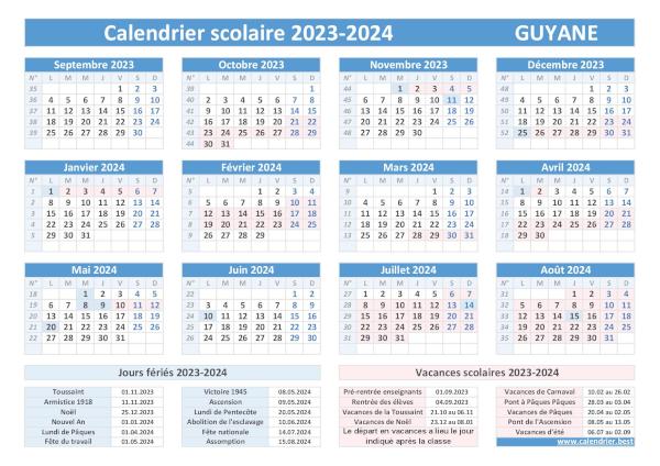 Calendrier des vacances scolaires 2023-2024 pour la Guyane