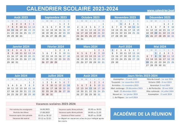 Calendrier des vacances scolaires 2023-2024 pour La Réunion