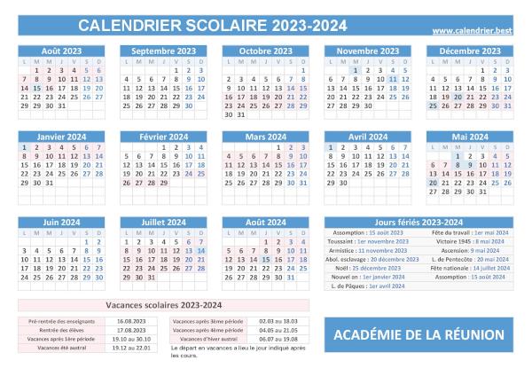 Garder à portée de main les dates des périodes de congés scolaires 2023-2024 de l'académie de La Réunion en imprimant notre calendrier. Calendrier des vacances scolaires 2023-2024 pour La Réunion