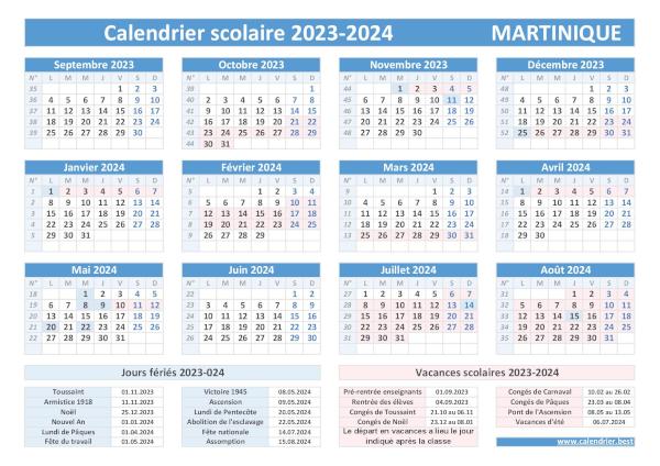 Calendrier des vacances scolaires 2023-2024 pour la Martinique
