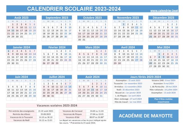 Calendrier des vacances scolaires 2023-2024 pour Mayotte