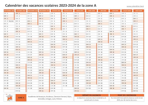 Calendrier scolaire 2023-2024 de la zone A à imprimer