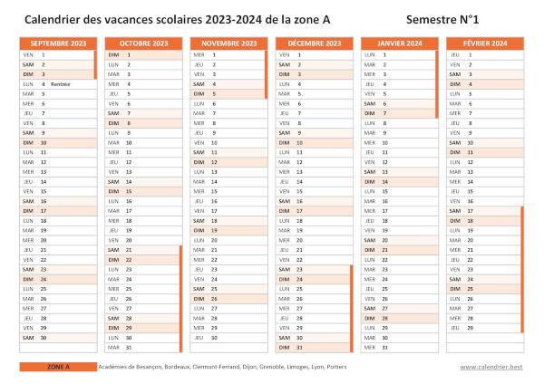 Imprimer notre Calendrier scolaire 2023-2024 de la zone A - 1er semestre - Septembre 2023 à Février 2024. Calendrier scolaire 2023-2024 de la zone A à imprimer - Semestre N°1