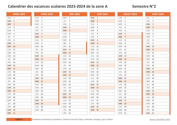 Calendrier scolaire 2023-2024 de la zone A à imprimer - Semestre N°2