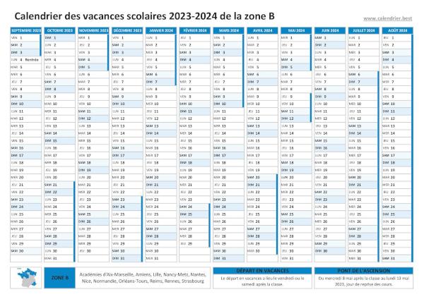 Vacances scolaires 2023 2024 ZONE B - Calendrier scolaire 2023-2024