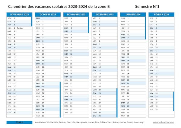 Calendrier scolaire 2023-2024 de la zone B à imprimer - Semestre N°1