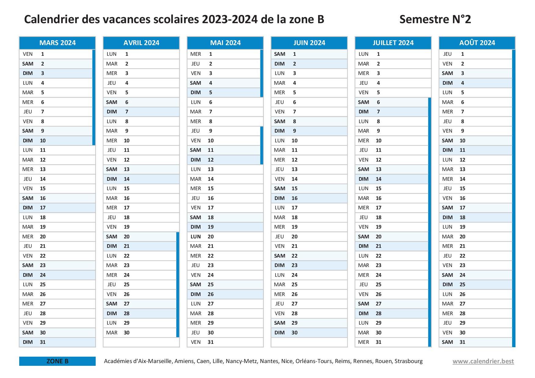 Calendrier scolaire 2023-2024 de la zone B - Orléans-Tours - Semestre 2