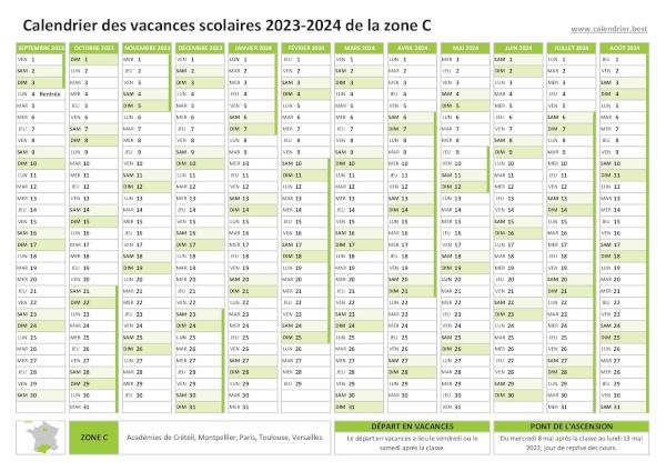 Vacances scolaires 2023-2024 zone C 