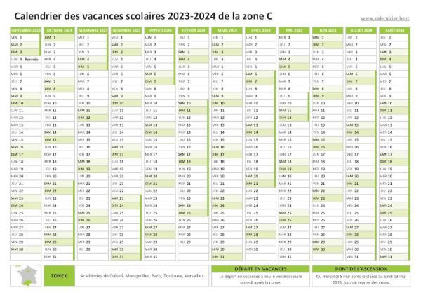 Calendrier scolaire 2023-2024 de la zone C à imprimer