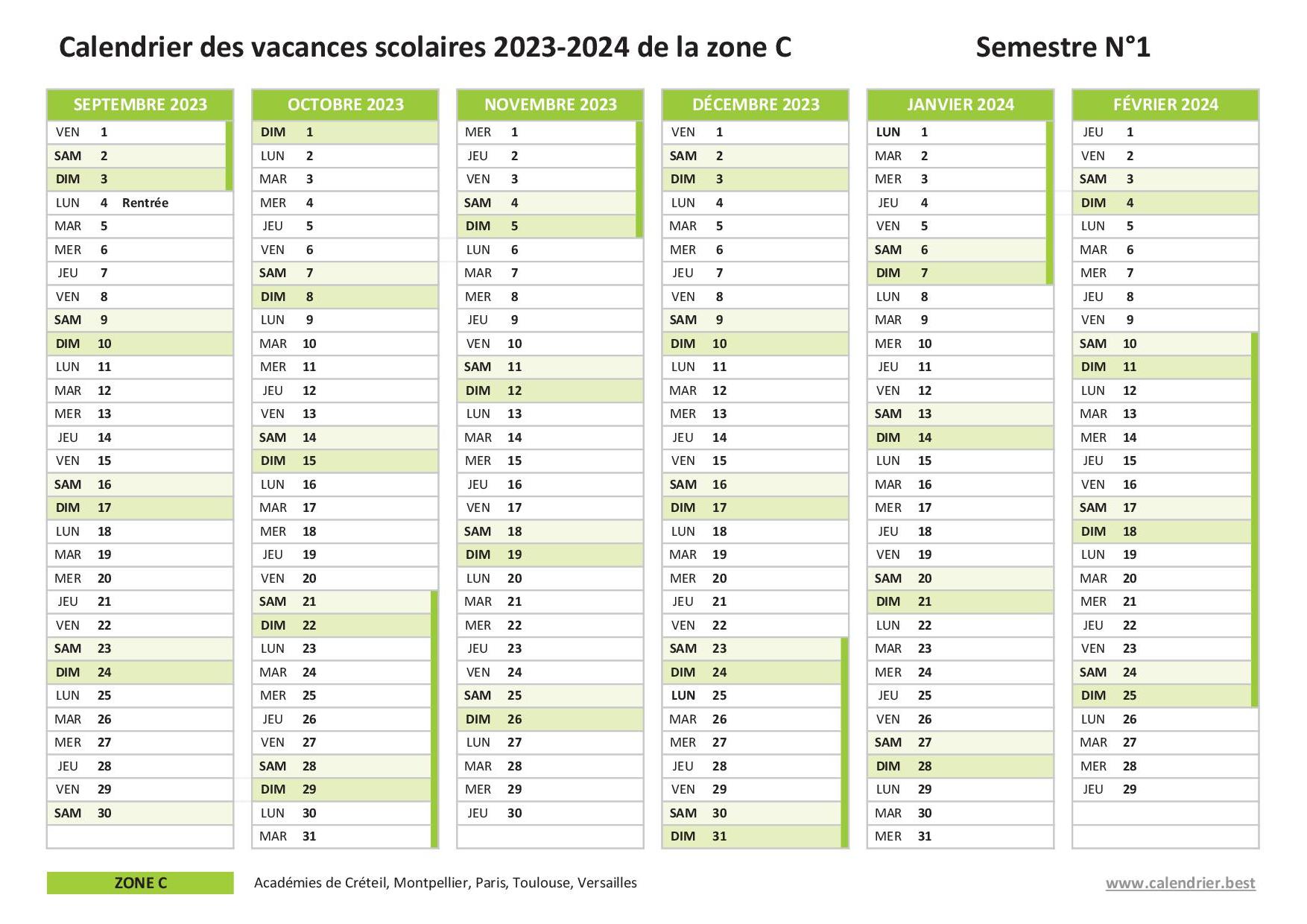 CALENDRIER 2023-2024 Toutes les zones : A, B ET C - Mes tresses D