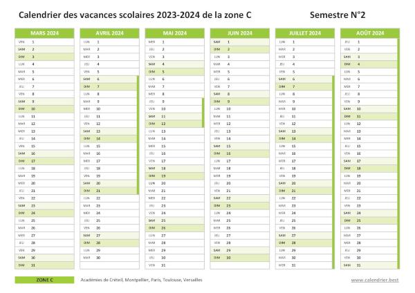 Calendrier scolaire 2023-2024 de la zone C à imprimer - Semestre N°2