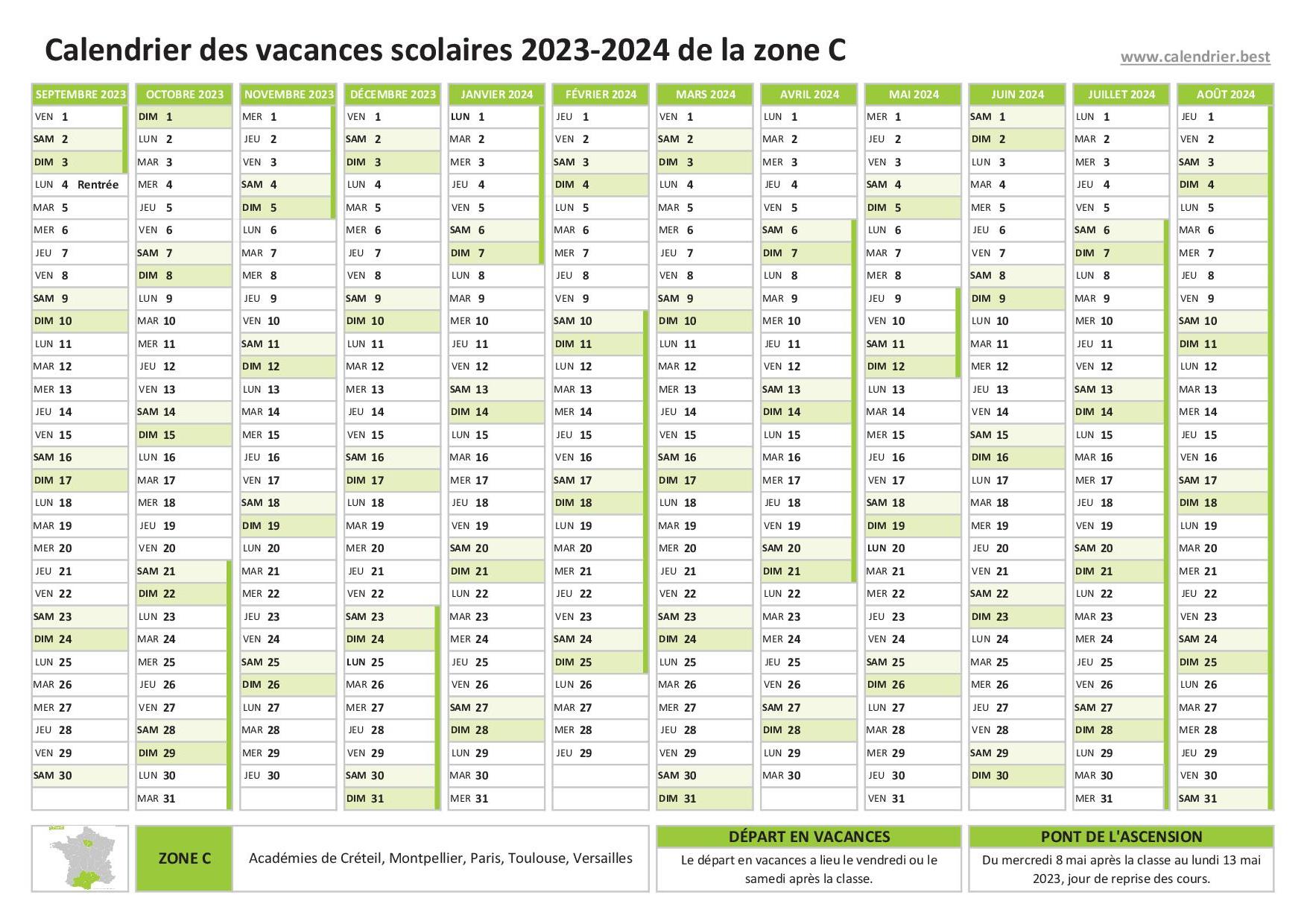 Calendrier scolaire 2023-2024 à imprimer