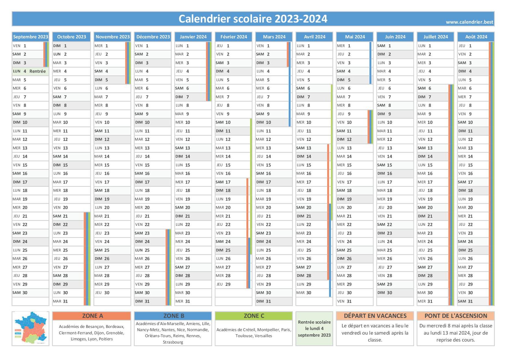 Quel est le calendrier des vacances scolaires 2023-2024, 2024-2025,  2025-2026 ?