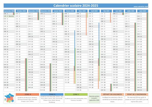 Calendrier scolaire 2024-2025, calques, vacances scolaires, Saints, 12 mois  Stock Vector