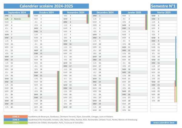 Calendrier scolaire 2024-2025 à imprimer - Semestre N°1