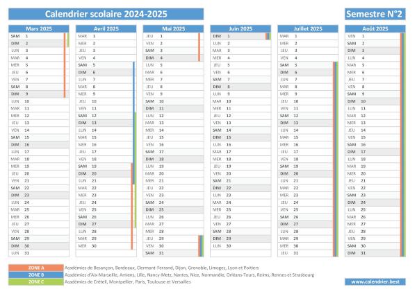 Calendrier scolaire 2024-2025 à imprimer - Semestre N°2