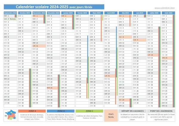 Calendrier scolaire 2024-2025 avec jours fériés à imprimer