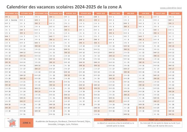 Calendrier scolaire 2024-2025 de la zone A à imprimer