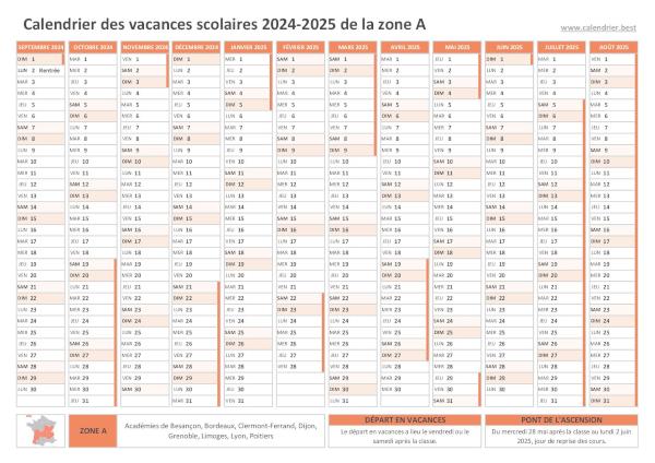 Vacances scolaires 2024 2025 ZONE A - Calendrier scolaire 2024-2025 de la  zone A à imprimer