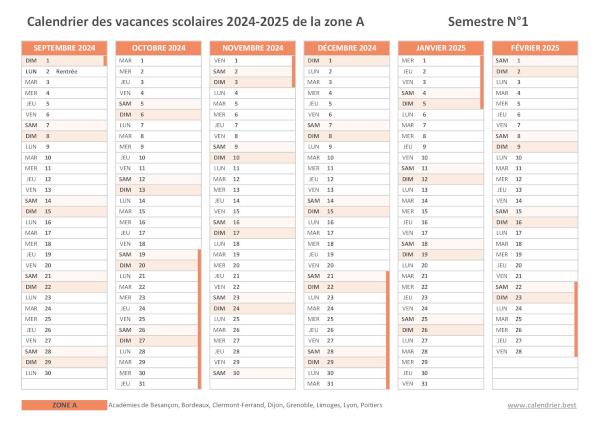 Calendrier scolaire 2024-2025 de la zone A à imprimer - Semestre N°1