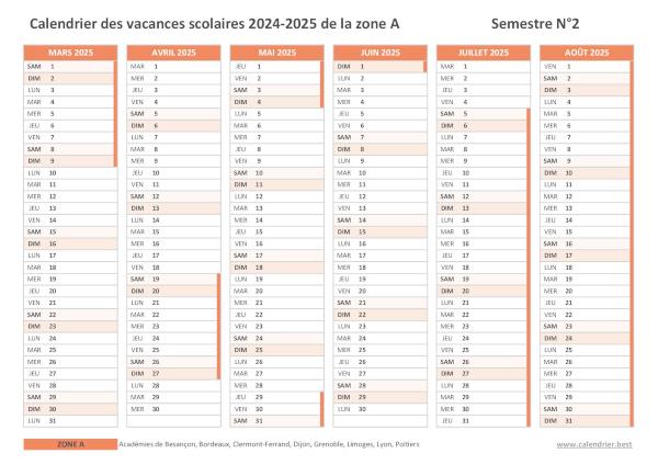 Calendrier scolaire 2024-2025 de la zone A à imprimer - Semestre N°2