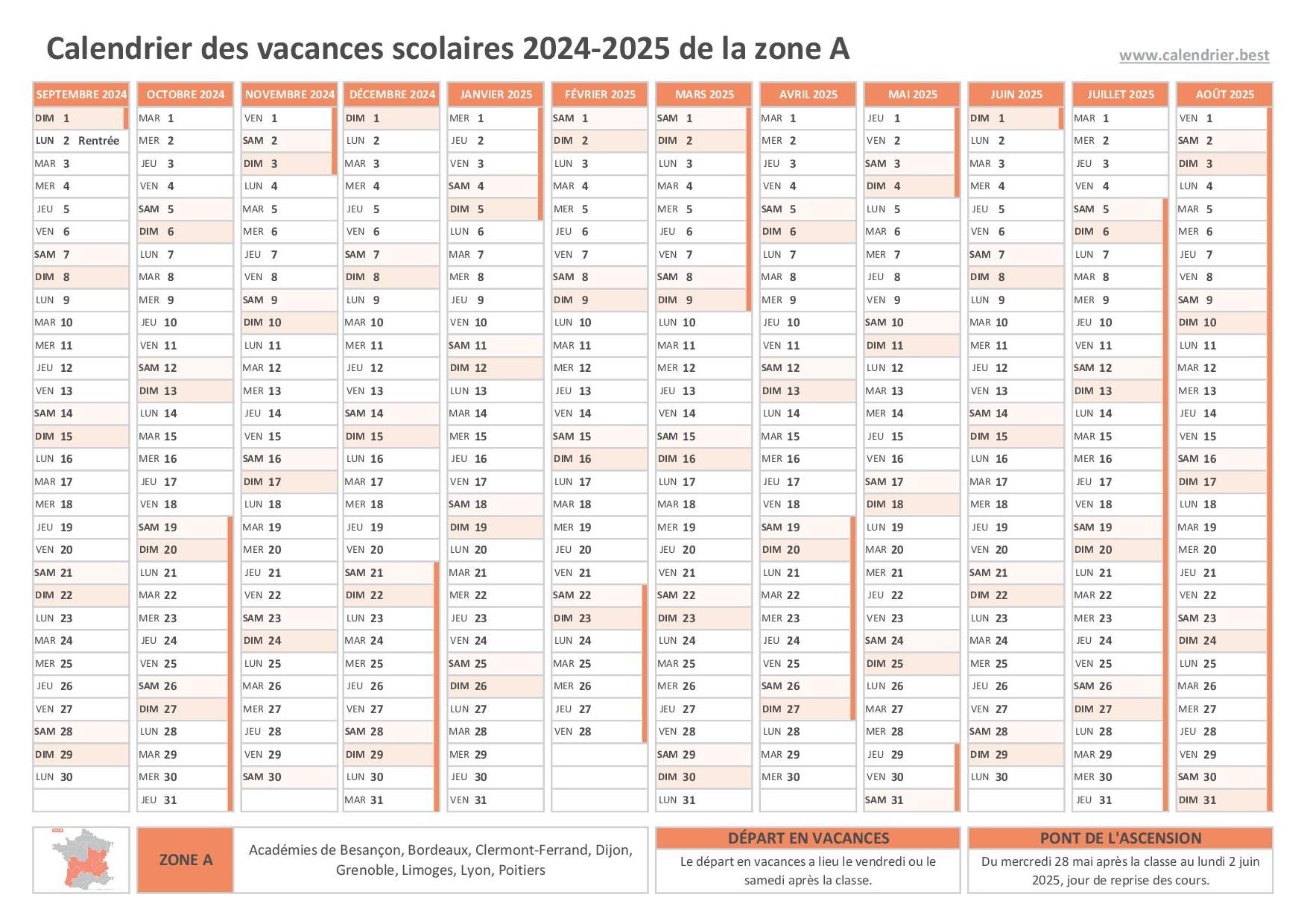 Calendrier scolaire 20242025 à consulter, télécharger et imprimer en pdf