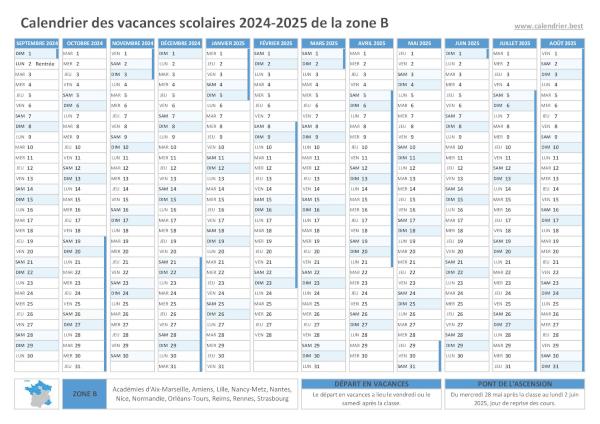 Calendrier scolaire 2024-2025 de la zone B à imprimer
