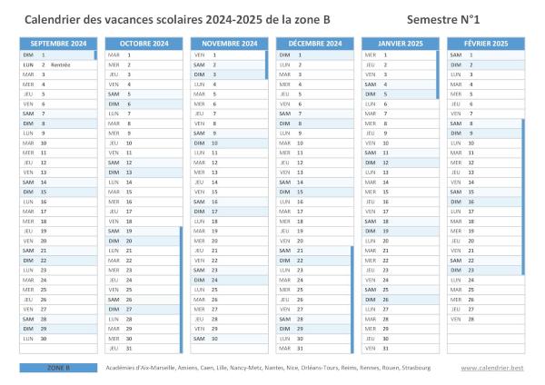 Calendrier scolaire 2024-2025 de la zone B à imprimer - Semestre N°1