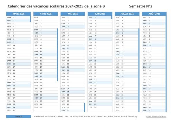 Calendrier scolaire 2024-2025 de la zone B à imprimer - Semestre N°2