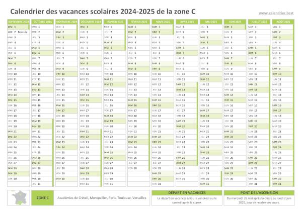Vacances scolaires 2024-2025 zone C 