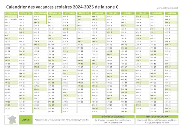 Calendrier scolaire 2024-2025 de la zone C à imprimer