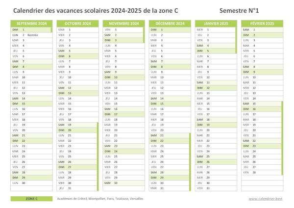 Calendrier scolaire 2024-2025 de la zone C - Semestre 1