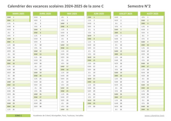 Calendrier scolaire 2024-2025 de la zone C à imprimer - Semestre N°2