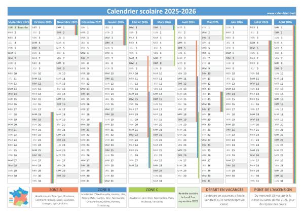 Calendrier scolaire 2025-2026 à imprimer