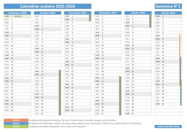 Calendrier scolaire 2025-2026 à imprimer - Semestre N°1