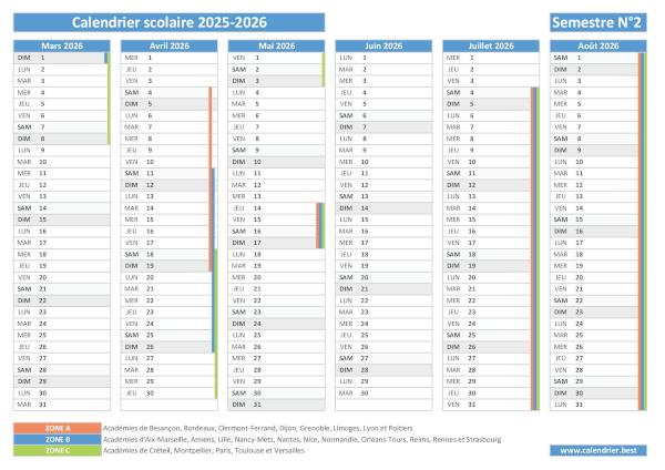 Calendrier scolaire 2025-2026 à imprimer - Semestre N°2