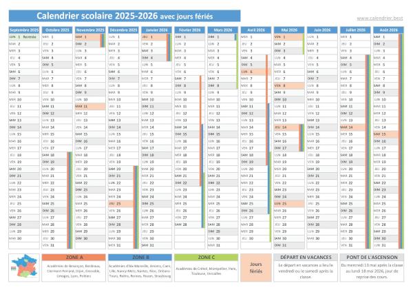 Calendrier scolaire 2025-2026 avec jours fériés à imprimer