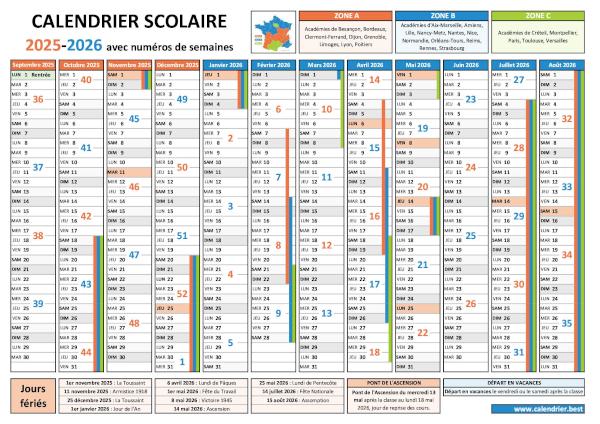 Calendrier scolaire 2025-2026 avec numéros de semaines, vacances et jours fériés à imprimer en PDF ou JPG Calendrier scolaire 2025-2026 avec numéro de semaine, vacances et jours fériés à télécharger et imprimer