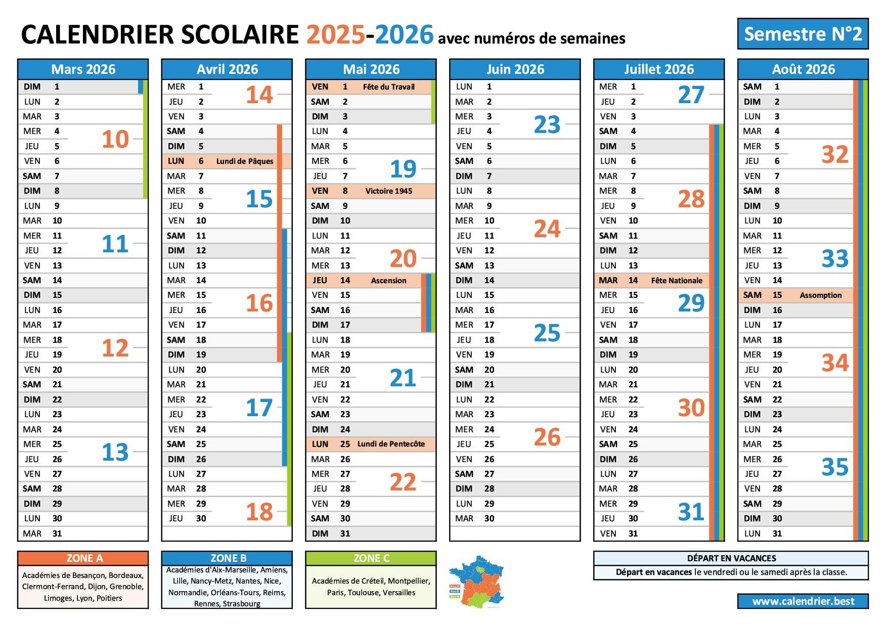 Calendrier scolaire 2025-2026 semestre 2 avec numéro de semaine, vacances scolaires et jours fériés à imprimer en PDF ou JPG Calendrier scolaire 2025-2026 pour le 2nd semestre avec les numéros des semaines paires et impaires, les vacances scolaires et les jours fériés à imprimer