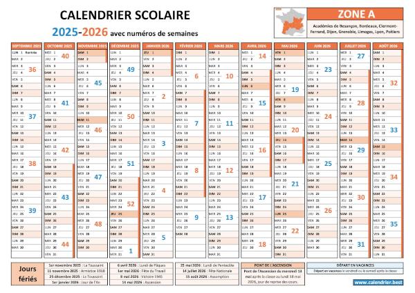 Calendrier scolaire 2025-2026 - Zone A avec numéros de semaines, vacances et jours fériés à imprimer en PDF ou JPG Calendrier scolaire 2025-2026 pour la zone A avec numéro de semaine, vacances et jours fériés à télécharger et imprimer