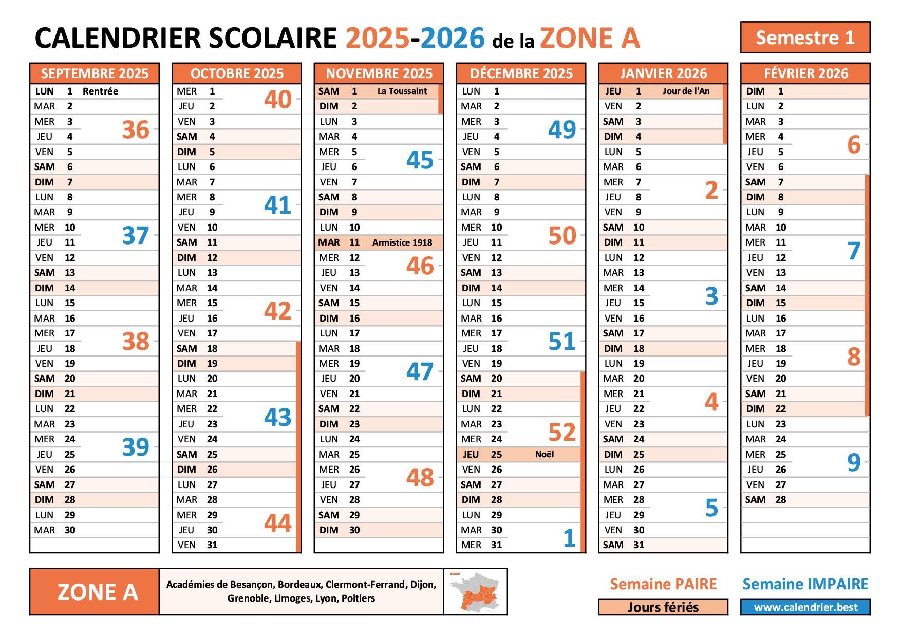 Calendrier scolaire 2025-2026 - Zone A - semestre 1 avec numéro de semaine, vacances scolaires et jours fériés à imprimer en PDF ou JPG Calendrier scolaire 2025-2026 - semestre 1 - Zone A avec les numéros des semaines paires et impaires, les vacances scolaires et les jours fériés à imprimer