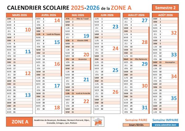 Calendrier scolaire 2025-2026 - semestre 2 - Dijon (Zone A) avec les numéros des semaines paires et impaires, les vacances scolaires et les jours fériés à imprimer