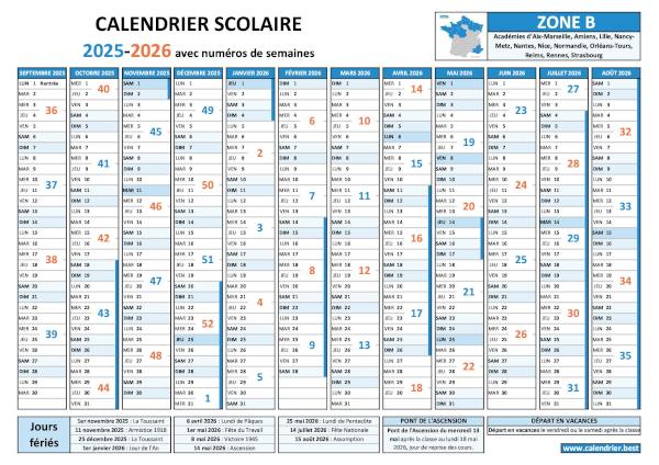 Calendrier scolaire 2025-2026 pour la zone B avec numéro de semaine, vacances et jours fériés à télécharger et imprimer