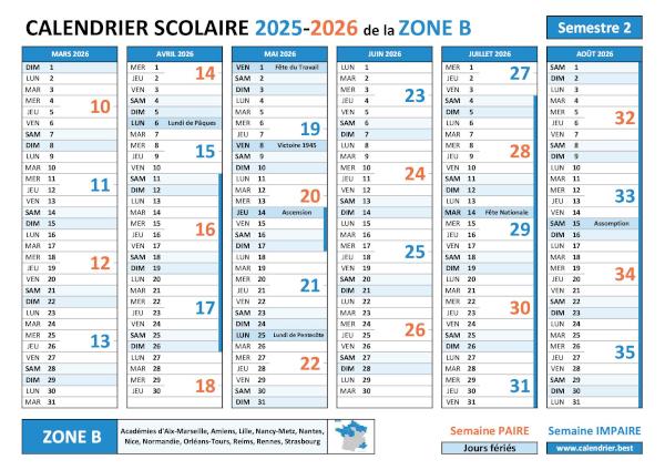 Calendrier scolaire 2025-2026 - semestre 2 - Normandie (Zone B) avec les numéros des semaines paires et impaires, les vacances scolaires et les jours fériés à imprimer