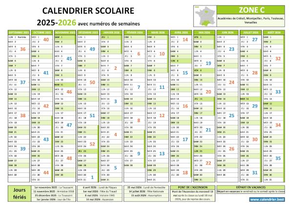Calendrier scolaire 2025-2026 pour la zone C avec numéro de semaine, vacances et jours fériés à télécharger et imprimer