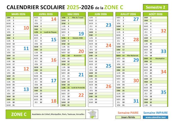 Calendrier scolaire 2025-2026 - semestre 2 - Paris (zone C) avec les numéros des semaines paires et impaires, les vacances scolaires et les jours fériés à imprimer